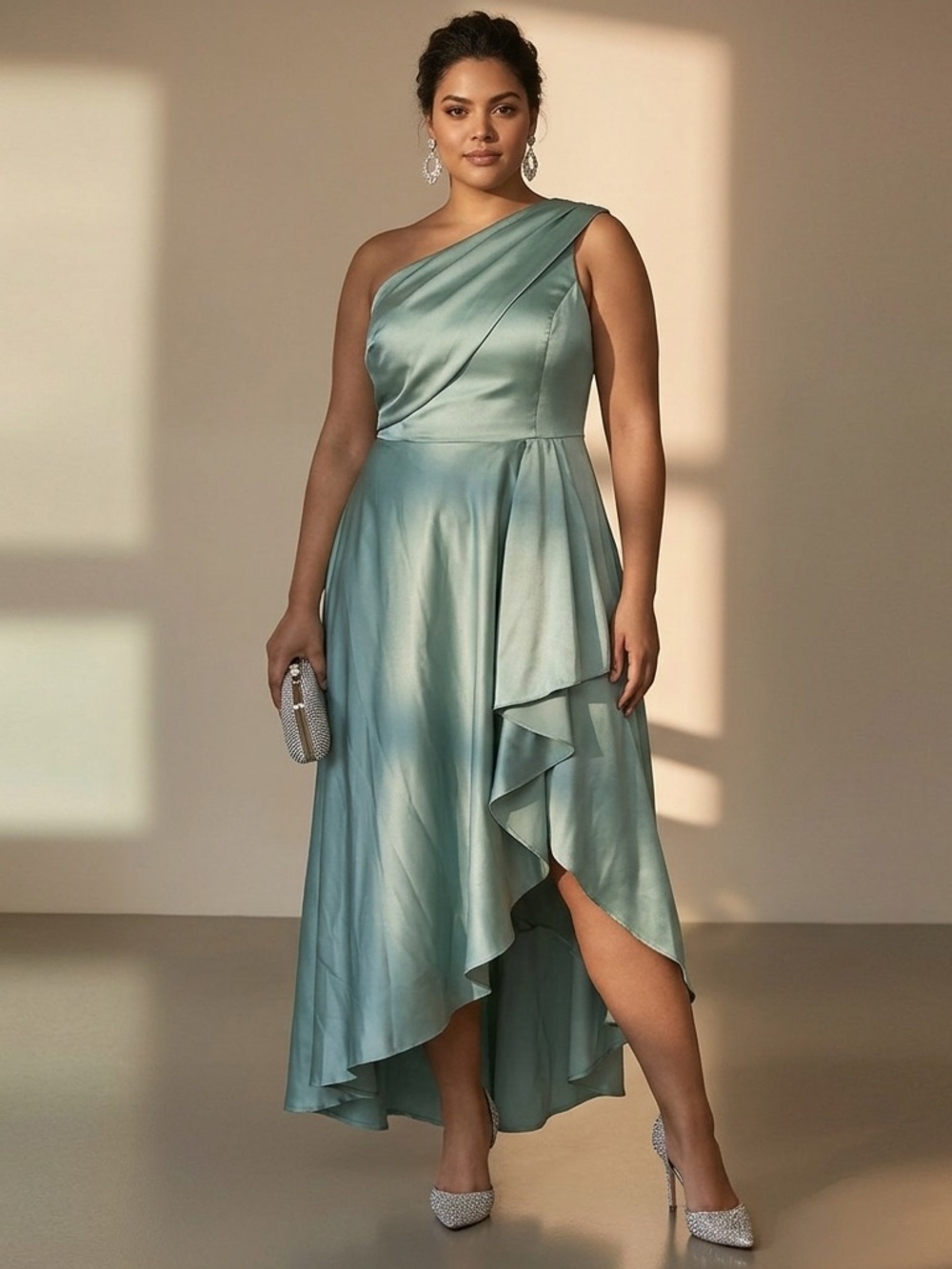 Chry Baby Mint Green One Shoulder Satin Ruffle Formal Gown Size 14 NWT